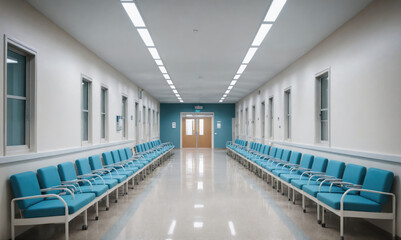 Fototapeta premium A long, empty waiting room with rows of blue chairs facing each other