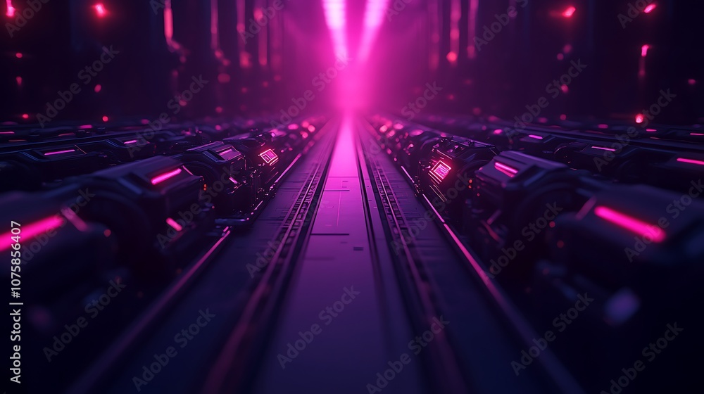 Poster a vibrant tunnel of lights, featuring a symmetrical pathway illuminated by pink hues, creating a fut