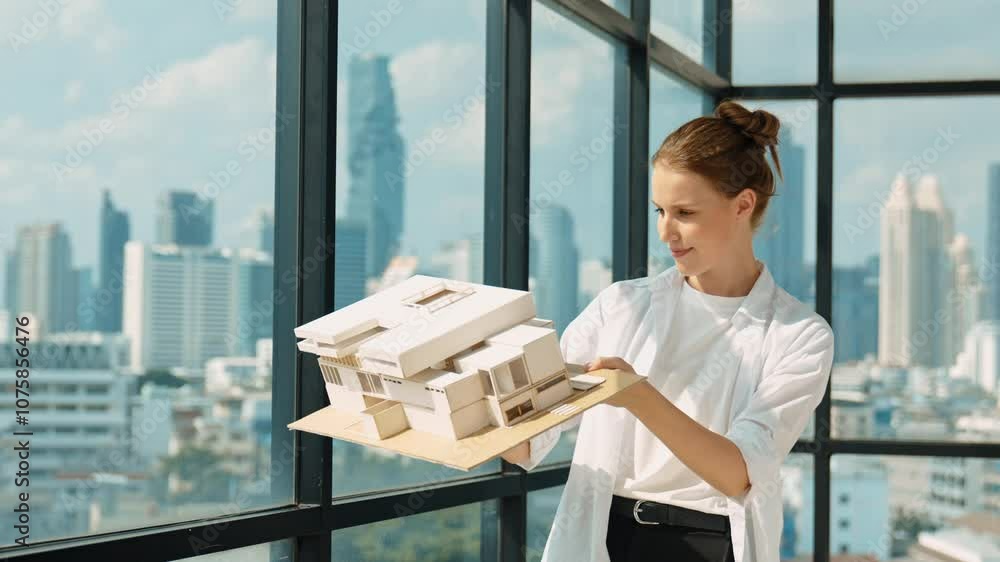 Aufkleber smart happy beautiful manager check house model by turning left side and right side. professional ma