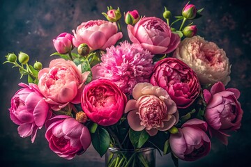 Candid Close-up of Pink Peonies and Roses on Dark Background, Studio Shot - Elegant Floral Arrangement in Vertical Composition for Home Decor and Floral Design Inspiration