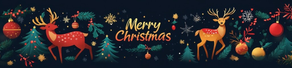A festive banner featuring reindeer, Christmas trees, and ornaments, with the text "Merry Christmas" prominently displayed.
