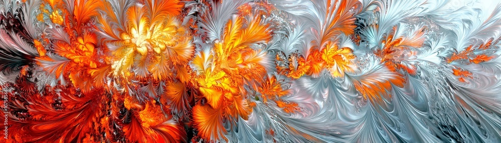 Poster vibrant abstract swirls of orange, red, and silver in a colorful fractal pattern created from intric