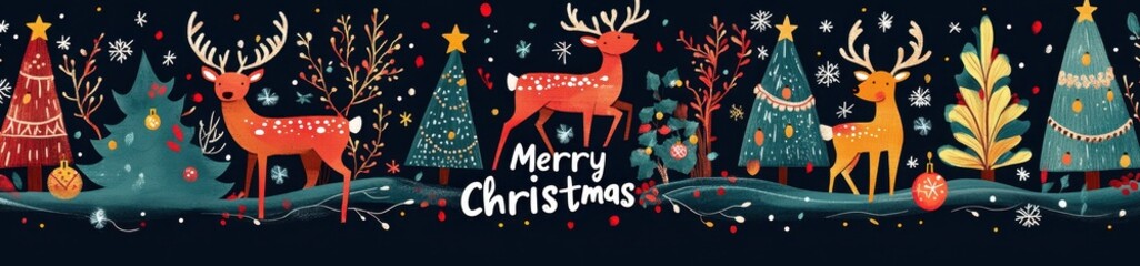 Naklejka premium A festive illustration featuring red deer, colorful Christmas trees, and a 