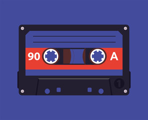 Audio tape background. Retro music cassette poster, pop culture song tape design flat vector backdrop illustration. Old school music audio cassette