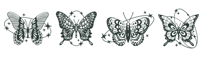 Butterflies silhouettes. Abstract y2k aesthetic insects, butterfly silhouettes with sparkle stars and oval shapes decor flat vector illustration set. Cartoon butterflies on white