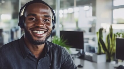 Naklejka premium Male call-center worker with a friendly smile, wearing headphones