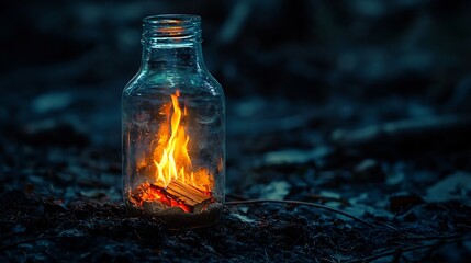 Contained Campfire Glowing Softly in Glass Bottle Evoking Sense of Shelter and Protection