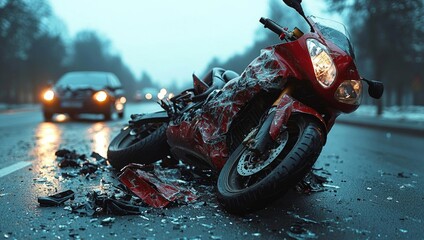 A devastating traffic collision scene showing a damaged motorcycle after a severe accident with a car , isolated on white background,  , copy space, copy space for text,