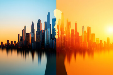 Fototapeta premium Cityscape Silhouette with Sunrise and Sunset, city skyline, urban, buildings, skyscrapers, reflection