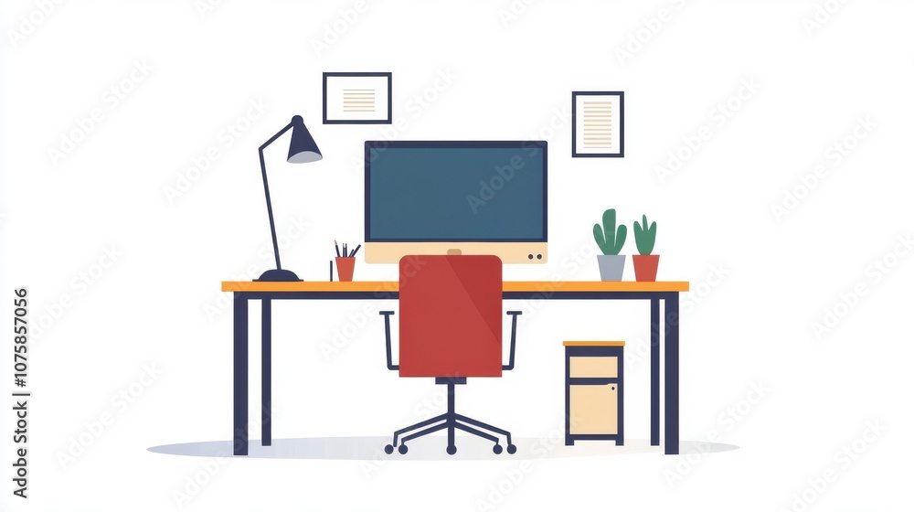 Aufkleber minimalist flat design: empty desk with a desktop computer