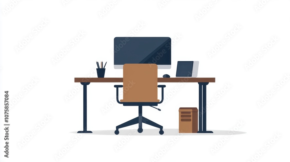 Aufkleber minimalist flat design: empty desk with a desktop computer