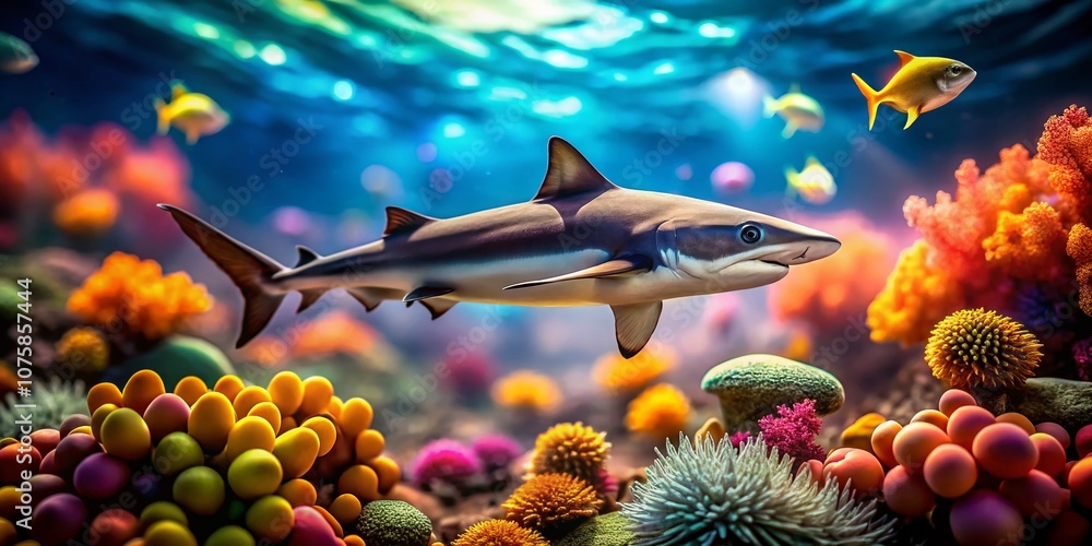 Aufkleber captivating bokeh effect of a tiny shark swimming through vibrant coral reefs with soft blurred back