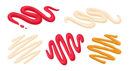 Sauce stains. Ketchup, mayo and mustard dip, fast food dressing sauce flat vector illustration set. Cartoon junk food sauces