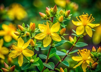 Fototapeta premium Captivating Candid Photography of Hipericum Perforatum in Natural Habitat, Showcasing Its Vibrant Yellow Flowers and Lush Green Foliage Under Soft Natural Light