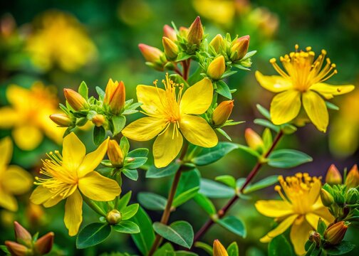 Captivating Candid Photography of Hipericum Perforatum in Natural Habitat, Showcasing Its Vibrant Yellow Flowers and Lush Green Foliage Under Soft Natural Light