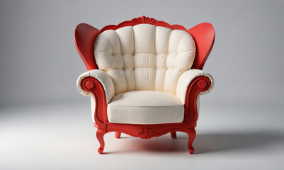 A red and white armchair with a tufted back sits in front of a gray background