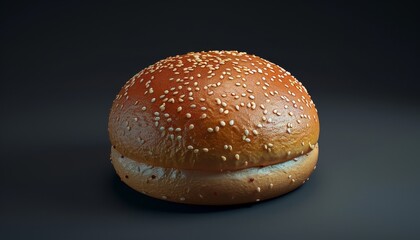 A single sesame seed bun on a dark background.
