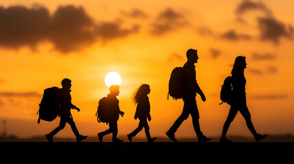 Fototapeta premium Family Silhouettes Walking into the Sunset, hiking, travel, adventure, backpack, horizon