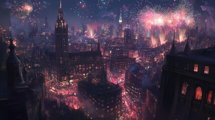 New Year's Eve party in a modern city, with a stunning display