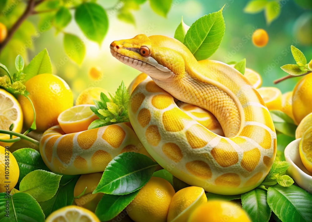 Poster captivating double exposure of a lemon blast royal python blending with vibrant citrus elements for 