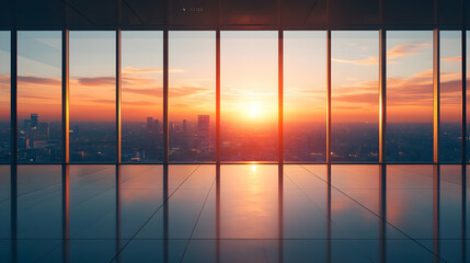 Fototapeta premium Sunset View From Modern Office Building, city, cityscape, urban, skyline, skyscraper
