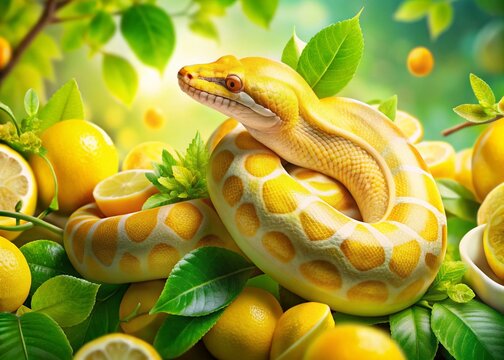 Captivating Double Exposure of a Lemon Blast Royal Python Blending with Vibrant Citrus Elements for an Enchanting Visual Experience