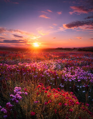 Naklejka premium A breathtaking sunset casts a warm glow over a field of vibrant wildflowers