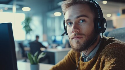 Professional male call-center operator with headphones,