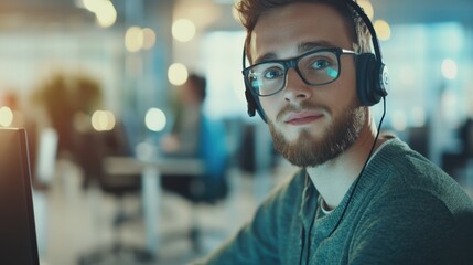 Obraz premium Professional male call-center operator with headphones,