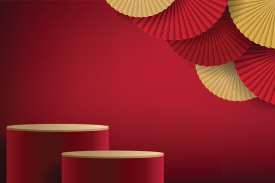 Red pedestal or podium with traditional lunar folding paper fans. Happy chinese new year festival minimal scene mockup product display. Concept of chinese style backdrop abstract background
