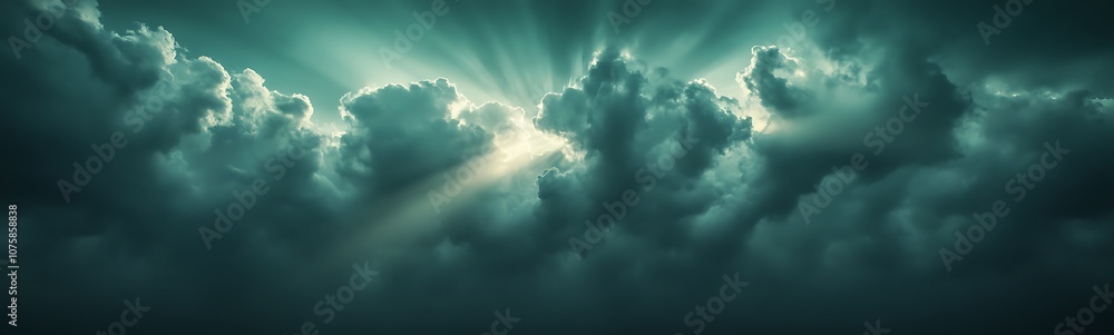Aufkleber A dramatic sky filled with dark clouds illuminated by rays of light, creating a mystical and atmospheric scene.