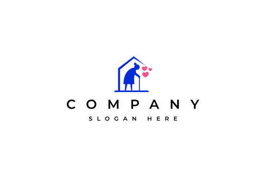 Elderly grandmother care logo with love house combination in flat vector design style