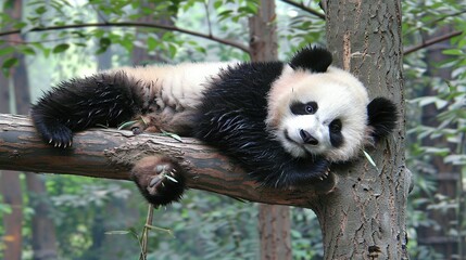 Giant Pandas Climbing Trees at the Chengdu Panda Breeding Center