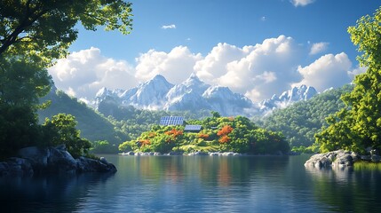Fototapeta premium A serene landscape featuring lush greenery, a tranquil lake, and majestic mountains under a clear blue sky.