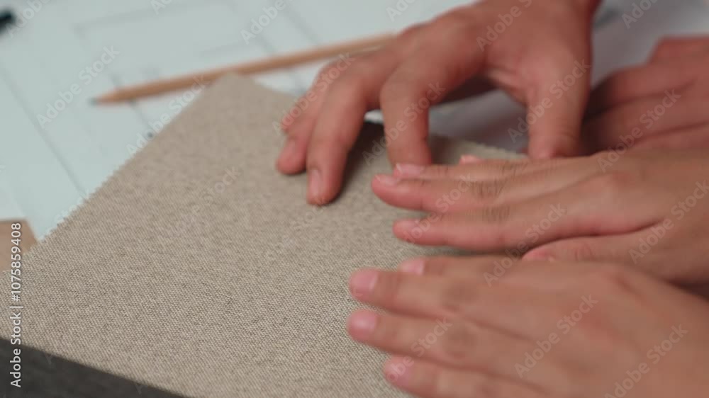 Poster slow motion hand closeup architect and interior designer presenting textile material and color from 