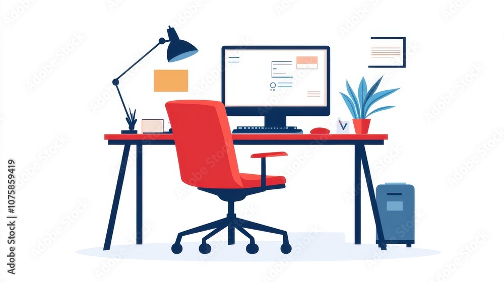 Poster simple flat vector design of an empty workspace with a desk,