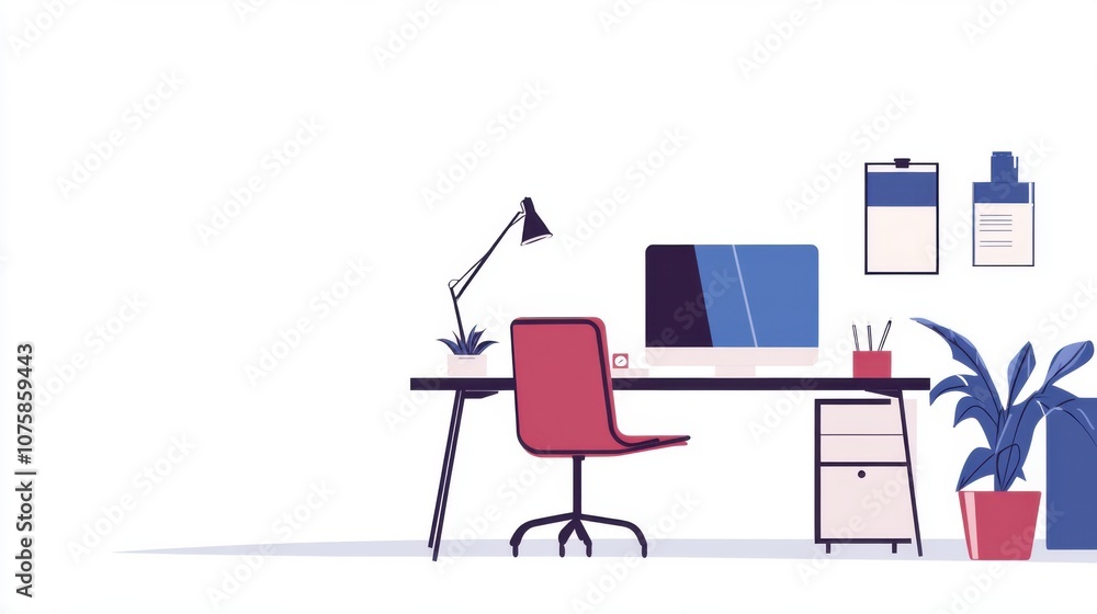 Poster simple flat vector design of an empty workspace with a desk,