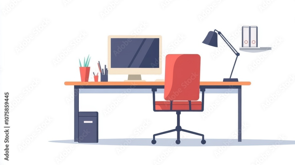 Poster simple flat vector design of an empty workspace with a desk,