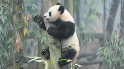 Fototapeta premium Giant Pandas Climbing Trees at the Chengdu Panda Breeding Center