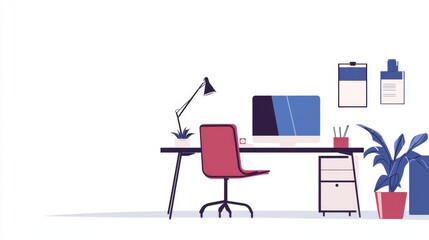 Fototapeta premium Simple flat vector design of an empty workspace with a desk,