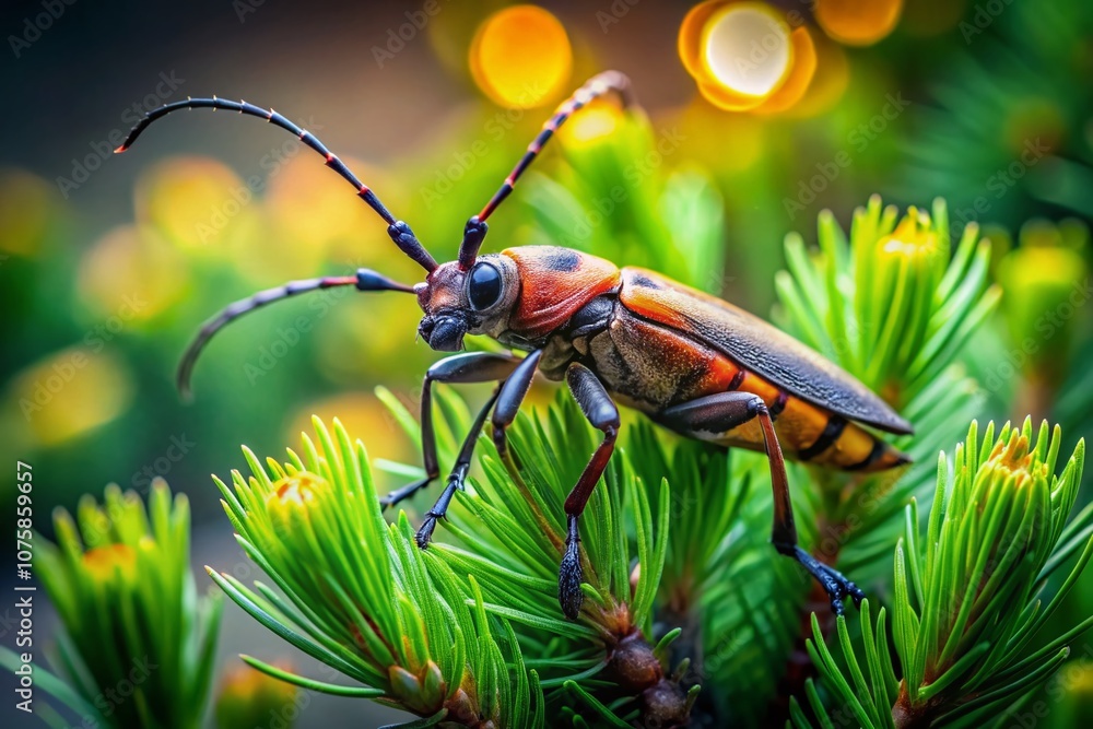 Poster Captivating Image of a Pine Sawyer in Its Natural Habitat, Showcasing Intricate Details of the Insect's Anatomy and Surrounding Pine Trees with a High Depth of Field