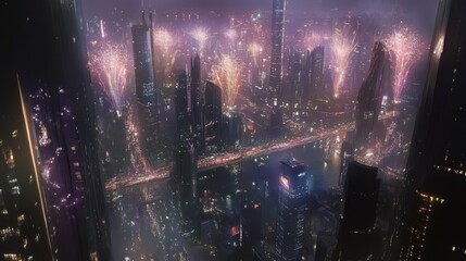 Skyscrapers and bridges illuminated by fireworks on New Year's