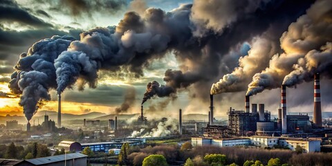 Captivating Image of a Polluted Urban Landscape Featuring Factories Emitting Black Smoke Under a Cloudy Sky, Highlighting Environmental Challenges and Urban Development Issues