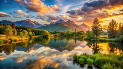 Fototapeta premium Captivating Landscape Views of Gaffney's Saratoga Springs Showcasing Serene Waters, Lush Greenery, and Majestic Mountain Backdrops in an Idyllic Natural Setting