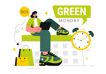 Green Monday Sale Vector Illustration featuring Shoppers Holding Shopping Bags to Highlight Discount Promotions in a Flat Style Cartoon Background