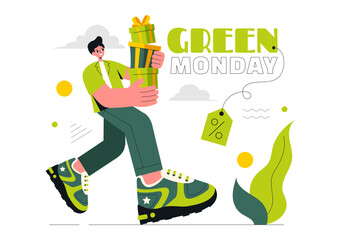 Green Monday Sale Vector Illustration featuring Shoppers Holding Shopping Bags to Highlight Discount Promotions in a Flat Style Cartoon Background