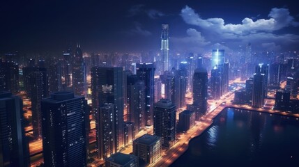 Fototapeta premium Nighttime Aerial View of Dubai's Skyline