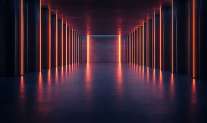 Fototapeta premium A futuristic hallway illuminated by vibrant neon lights, creating an atmospheric and immersive experience.