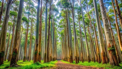 A vibrant eucalyptus forest with tall trees and a carpet of green leaves and branches, outdoors, bark