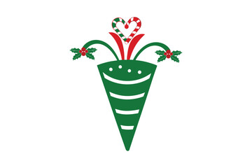 Festive Christmas Candy Cone with Heart-Shaped Candy Canes and Holly Leaves - Holiday Decoration Vector Illustratio